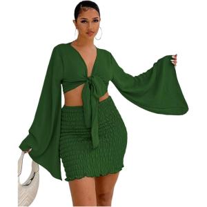 imageLYANER Womens 2 Piece Outfits Tie Knot Front Bell Long Sleeve Crop Top and Mini Skirt SetDark Green