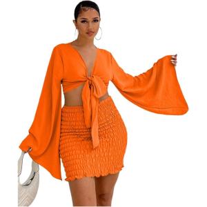 imageLYANER Womens 2 Piece Outfits Tie Knot Front Bell Long Sleeve Crop Top and Mini Skirt SetOrange
