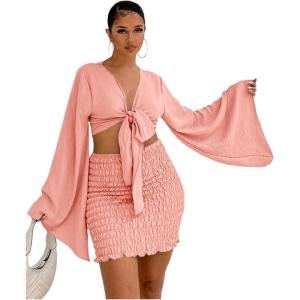 imageLYANER Womens 2 Piece Outfits Tie Knot Front Bell Long Sleeve Crop Top and Mini Skirt SetPink