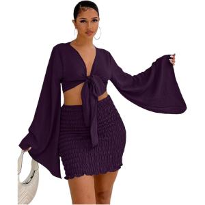 imageLYANER Womens 2 Piece Outfits Tie Knot Front Bell Long Sleeve Crop Top and Mini Skirt SetPurple