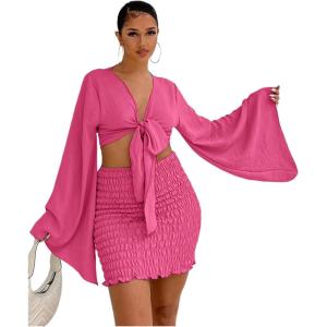imageLYANER Womens 2 Piece Outfits Tie Knot Front Bell Long Sleeve Crop Top and Mini Skirt SetRose
