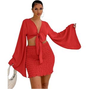imageLYANER Womens 2 Piece Outfits Tie Knot Front Bell Long Sleeve Crop Top and Mini Skirt SetRust Red