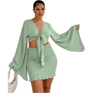 imageLYANER Womens 2 Piece Outfits Tie Knot Front Bell Long Sleeve Crop Top and Mini Skirt SetSolid Light Green