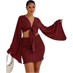 imageLYANER Womens 2 Piece Outfits Tie Knot Front Bell Long Sleeve Crop Top and Mini Skirt SetWine Red