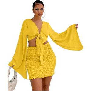 imageLYANER Womens 2 Piece Outfits Tie Knot Front Bell Long Sleeve Crop Top and Mini Skirt SetYellow