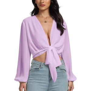 imageLYANER Womens Deep V Neck Tie Knot Front Long Sleeve Sexy Wrap Cover Ups Crop Top Blouse Light Purple Small