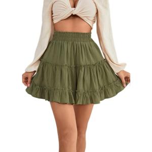 imageLYANER Womens Elastic Waist Pleated Layer Ruffle Hem Flowy A Line Short SkirtArmy Green2