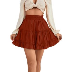 imageLYANER Womens Elastic Waist Pleated Layer Ruffle Hem Flowy A Line Short SkirtBrick Red2