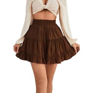 imageLYANER Womens Elastic Waist Pleated Layer Ruffle Hem Flowy A Line Short SkirtBrown2