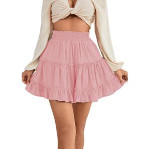 imageLYANER Womens Elastic Waist Pleated Layer Ruffle Hem Flowy A Line Short SkirtDusty Pink2