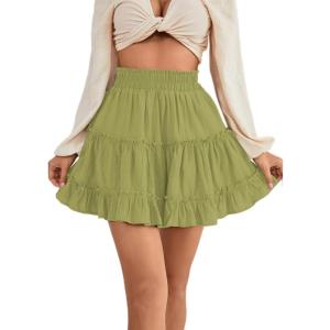 imageLYANER Womens Elastic Waist Pleated Layer Ruffle Hem Flowy A Line Short SkirtKiwi Green2