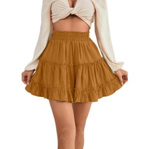 imageLYANER Womens Elastic Waist Pleated Layer Ruffle Hem Flowy A Line Short SkirtLigth Brown2