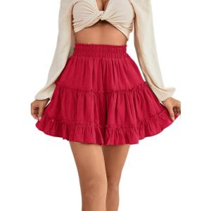 imageLYANER Womens Elastic Waist Pleated Layer Ruffle Hem Flowy A Line Short SkirtRed2