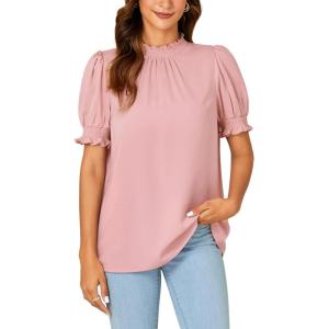 imageLYANER Womens Frill Mock Neck Pleated Ruffle Trim Puff Short Sleeve Blouse Shirt TopDusty Pink