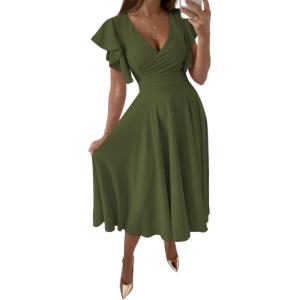 imageLYANER Womens Warp V Neck Ruffle Short Sleeve A Line Swing Flared Cocktail Party Midi DressArmy Green