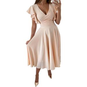 imageLYANER Womens Warp V Neck Ruffle Short Sleeve A Line Swing Flared Cocktail Party Midi DressBeige Solid