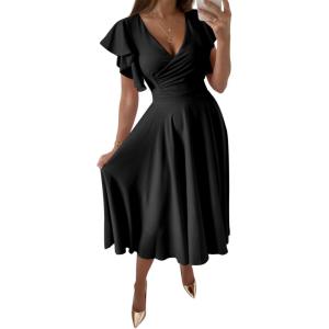 imageLYANER Womens Warp V Neck Ruffle Short Sleeve A Line Swing Flared Cocktail Party Midi DressBlack