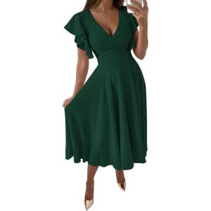 imageLYANER Womens Warp V Neck Ruffle Short Sleeve A Line Swing Flared Cocktail Party Midi DressDark Green