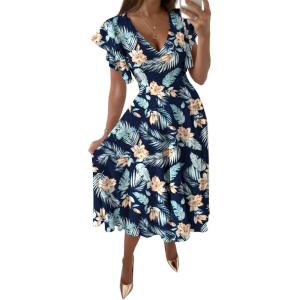 imageLYANER Womens Warp V Neck Ruffle Short Sleeve A Line Swing Flared Cocktail Party Midi DressFloral Dark Blue