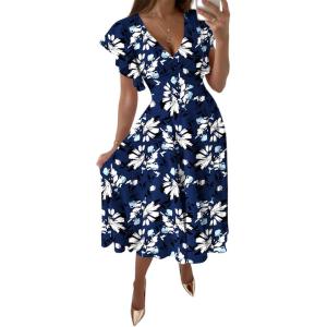imageLYANER Womens Warp V Neck Ruffle Short Sleeve A Line Swing Flared Cocktail Party Midi DressFloral Navy Blue