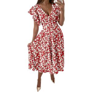 imageLYANER Womens Warp V Neck Ruffle Short Sleeve A Line Swing Flared Cocktail Party Midi DressFloral Wine Red