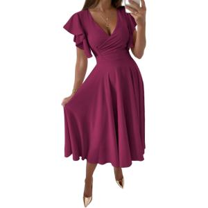 imageLYANER Womens Warp V Neck Ruffle Short Sleeve A Line Swing Flared Cocktail Party Midi DressMagenta