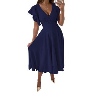 imageLYANER Womens Warp V Neck Ruffle Short Sleeve A Line Swing Flared Cocktail Party Midi DressNavy Blue