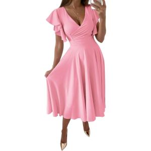 imageLYANER Womens Warp V Neck Ruffle Short Sleeve A Line Swing Flared Cocktail Party Midi DressPink