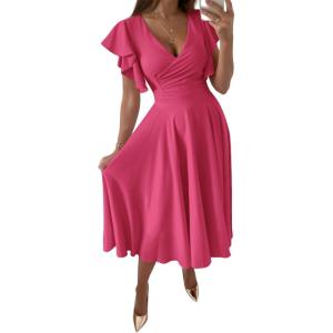imageLYANER Womens Warp V Neck Ruffle Short Sleeve A Line Swing Flared Cocktail Party Midi DressRose