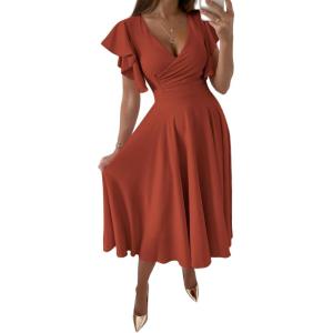 imageLYANER Womens Warp V Neck Ruffle Short Sleeve A Line Swing Flared Cocktail Party Midi DressRust Red