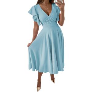 imageLYANER Womens Warp V Neck Ruffle Short Sleeve A Line Swing Flared Cocktail Party Midi DressSky Blue