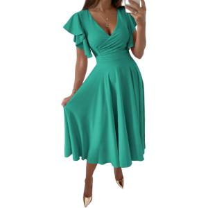 imageLYANER Womens Warp V Neck Ruffle Short Sleeve A Line Swing Flared Cocktail Party Midi DressTeal