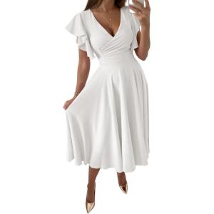 imageLYANER Womens Warp V Neck Ruffle Short Sleeve A Line Swing Flared Cocktail Party Midi DressWhite