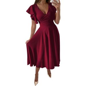 imageLYANER Womens Warp V Neck Ruffle Short Sleeve A Line Swing Flared Cocktail Party Midi DressWine Red