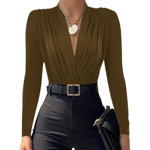 imageLYANER Womens Wraped V Neck Ruched Long Sleeve Leotard Bodysuit TopArmy Green