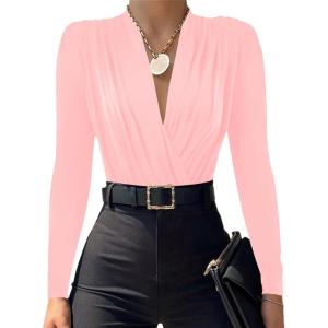 imageLYANER Womens Wraped V Neck Ruched Long Sleeve Leotard Bodysuit TopBaby Pink