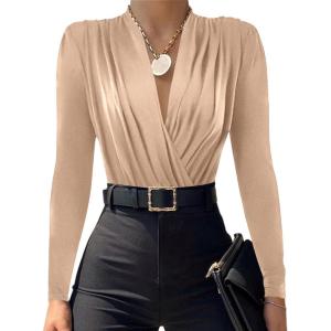 imageLYANER Womens Wraped V Neck Ruched Long Sleeve Leotard Bodysuit TopBeige