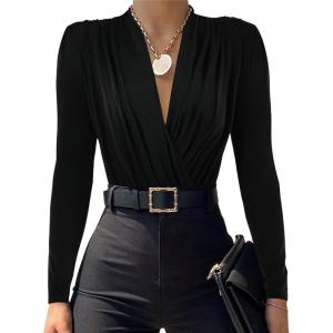 imageLYANER Womens Wraped V Neck Ruched Long Sleeve Leotard Bodysuit TopBlack