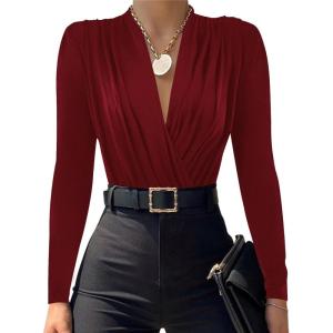 imageLYANER Womens Wraped V Neck Ruched Long Sleeve Leotard Bodysuit TopBurgundy