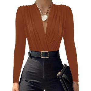 imageLYANER Womens Wraped V Neck Ruched Long Sleeve Leotard Bodysuit TopBurnt Orange
