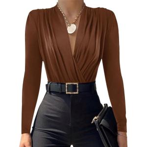 imageLYANER Womens Wraped V Neck Ruched Long Sleeve Leotard Bodysuit TopDeep Brown
