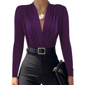 imageLYANER Womens Wraped V Neck Ruched Long Sleeve Leotard Bodysuit TopDeep Purple