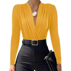 imageLYANER Womens Wraped V Neck Ruched Long Sleeve Leotard Bodysuit TopGinger