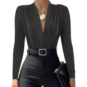 imageLYANER Womens Wraped V Neck Ruched Long Sleeve Leotard Bodysuit TopGrey