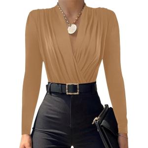 imageLYANER Womens Wraped V Neck Ruched Long Sleeve Leotard Bodysuit TopKhaki
