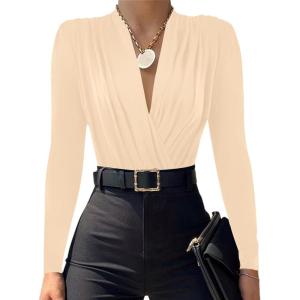 imageLYANER Womens Wraped V Neck Ruched Long Sleeve Leotard Bodysuit TopLight Beige