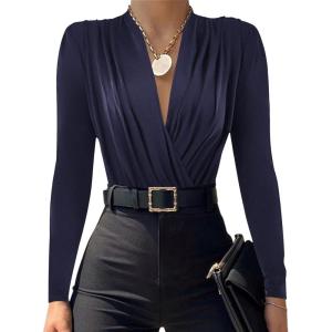 imageLYANER Womens Wraped V Neck Ruched Long Sleeve Leotard Bodysuit TopNavy