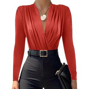 imageLYANER Womens Wraped V Neck Ruched Long Sleeve Leotard Bodysuit TopRed