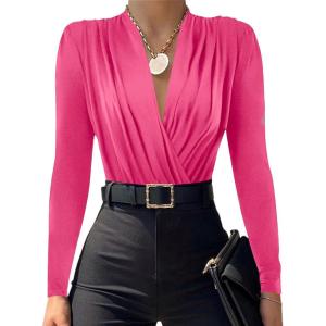 imageLYANER Womens Wraped V Neck Ruched Long Sleeve Leotard Bodysuit TopRose