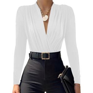 imageLYANER Womens Wraped V Neck Ruched Long Sleeve Leotard Bodysuit TopWhite